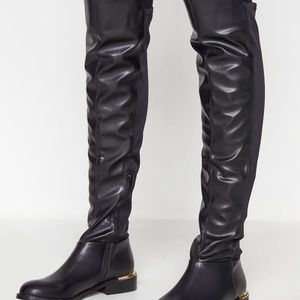 Long Tall Sally Black Faux Leather Over The Knee Stretch Boots